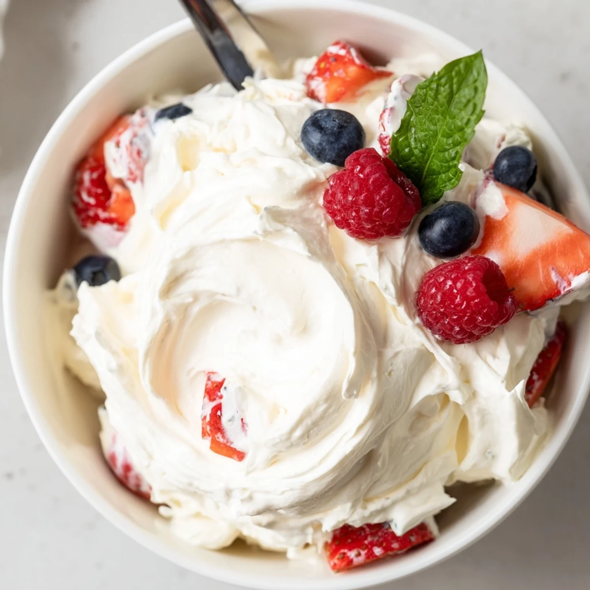Red White Blue Cheesecake Salad: creamy fruit layers with bright berry bursts