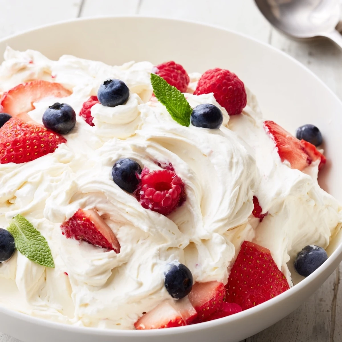 Spoon-ready Red White Blue Cheesecake Salad bursting with strawberries, blueberries, fluffy cream