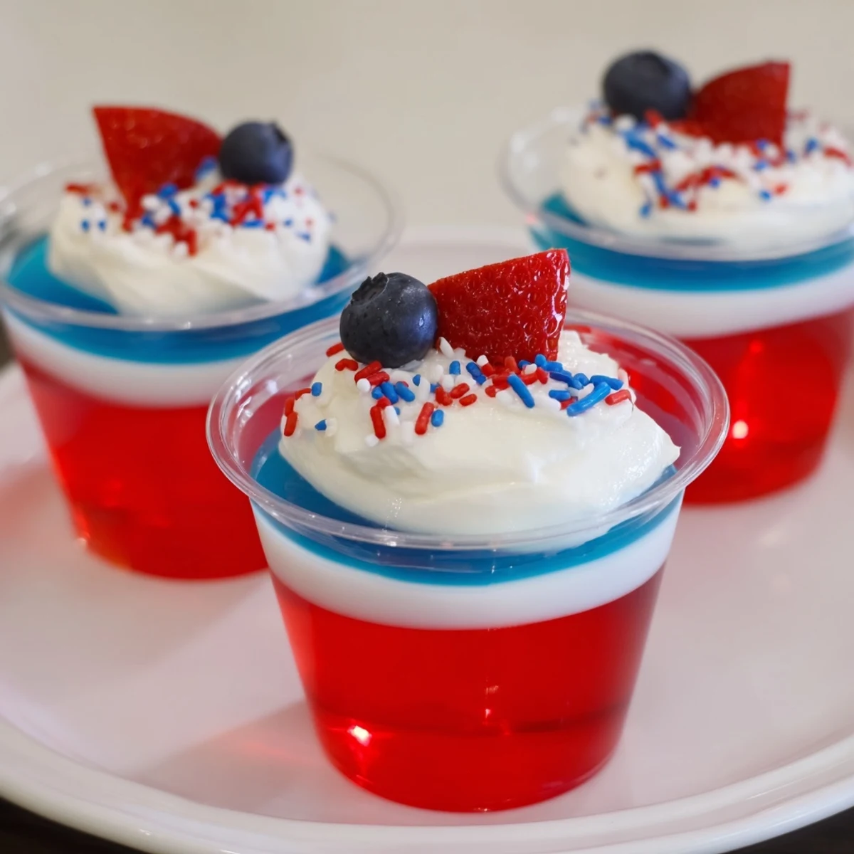 Creamy white pudding between Red White And Blue Jello Cups, fresh berries