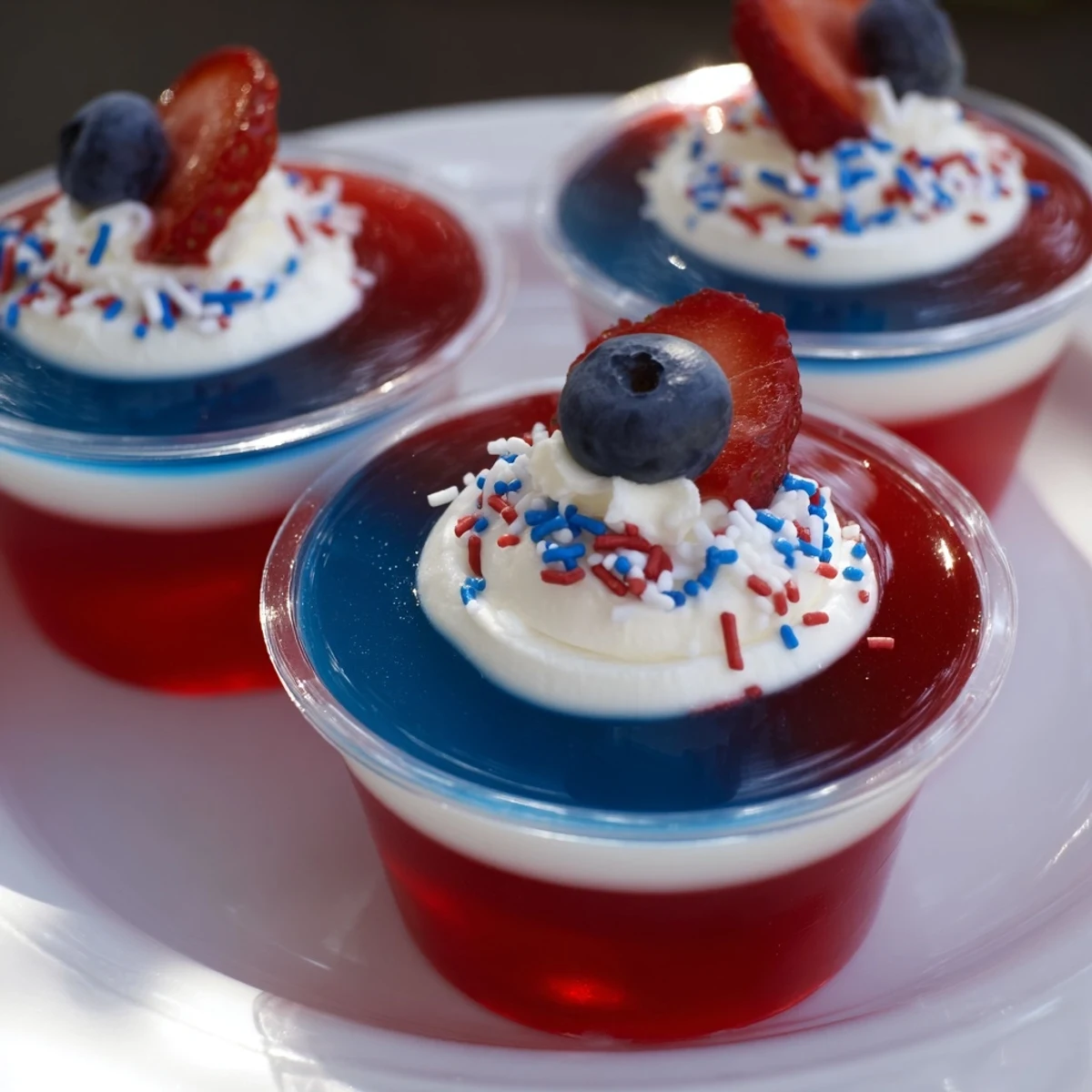 Stacked Red White And Blue Jello Cups glowing, set for summer picnic