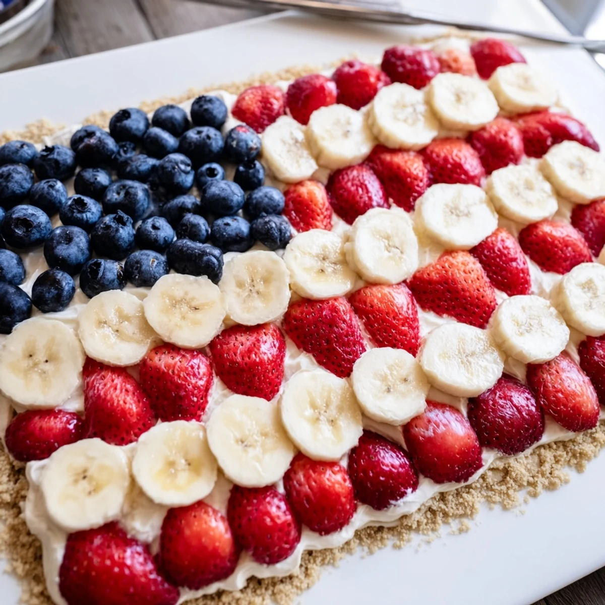 Chilled American Flag Fruit Pizza topped with blueberries, sliced strawberries, sweet banana stripes