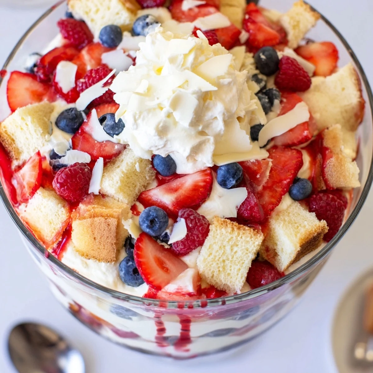Red White And Blue Trifle layered with moist pound cake, creamy vanilla pudding.