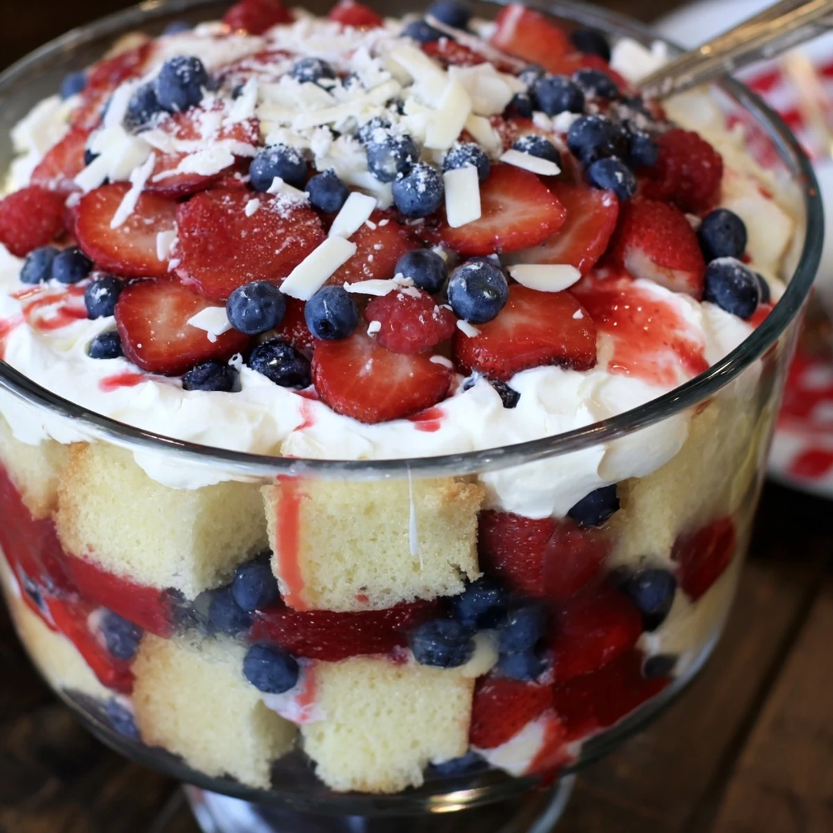 Fresh berries and whipped cream crown a Red White And Blue Trifle.