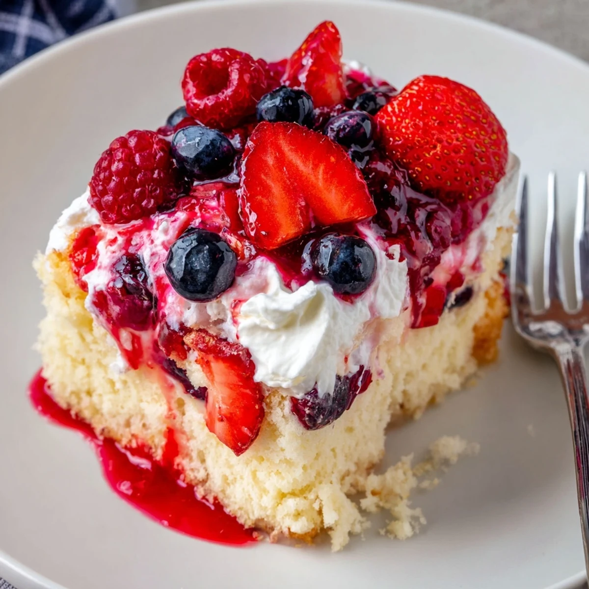 Summer Berry Poke Cake topped with whipped cream and glistening fresh berries