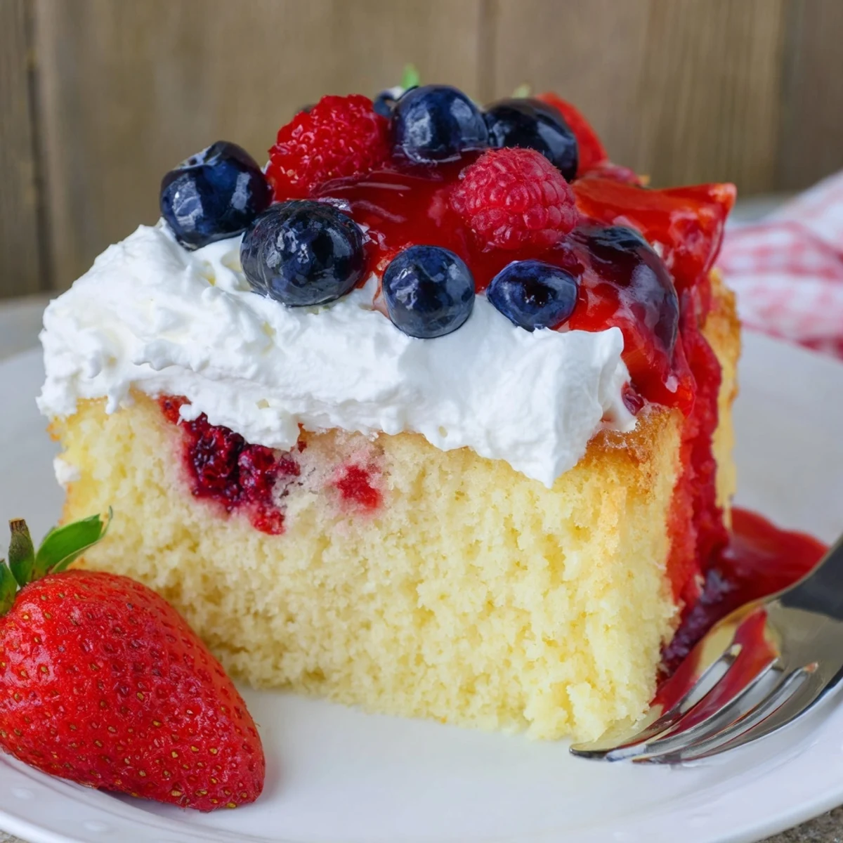 Sliced Summer Berry Poke Cake chilling in fridge, syrup-soaked moist vanilla layers