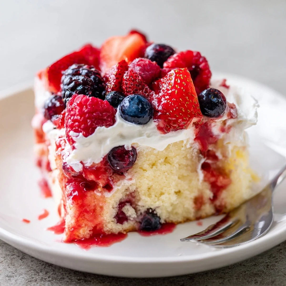 Close-up of Summer Berry Poke Cake: airy whipped topping, juicy berries shine