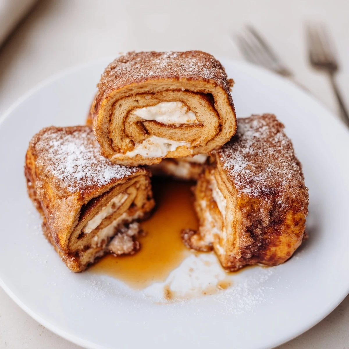 Warm Cinnamon Roll French Toast Roll Ups filled with sweet cream cheese  