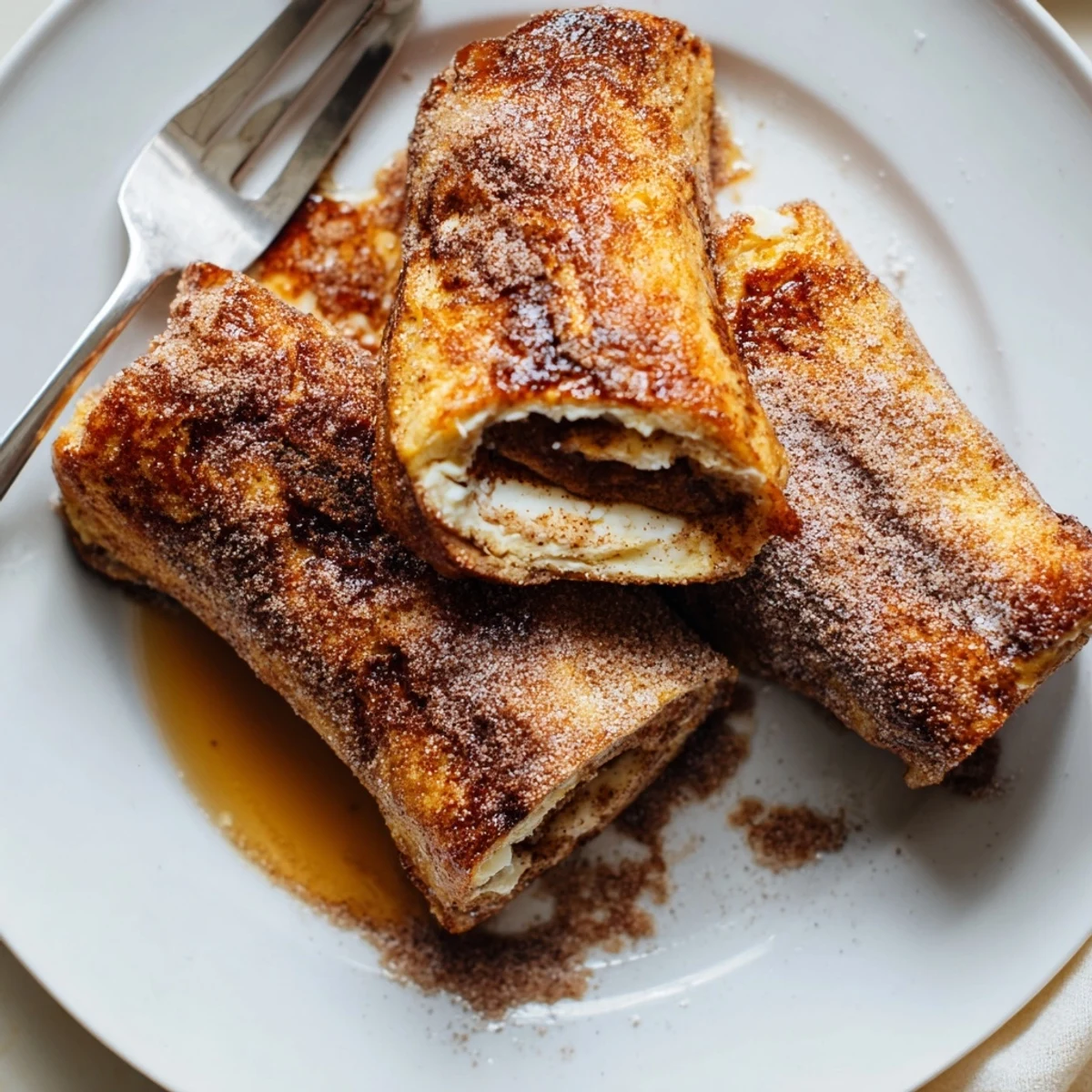 Handheld Cinnamon Roll French Toast Roll Ups served with drizzle of maple syrup