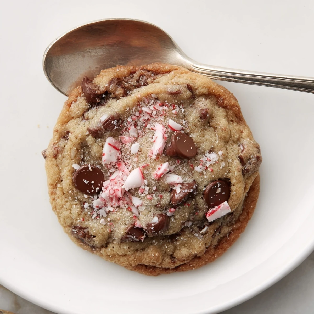 Peppermint Chocolate Chip Cookies arranged on parchment, glossy chips and crushed candy  