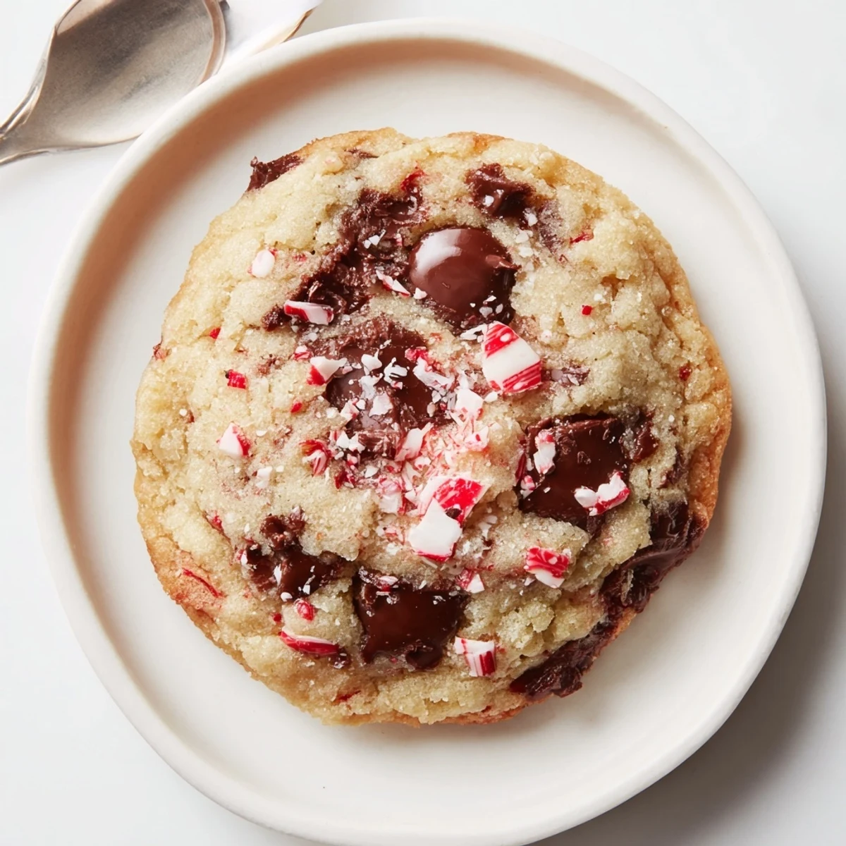Warm Peppermint Chocolate Chip Cookies with melty chips, garnished with crushed peppermint  
