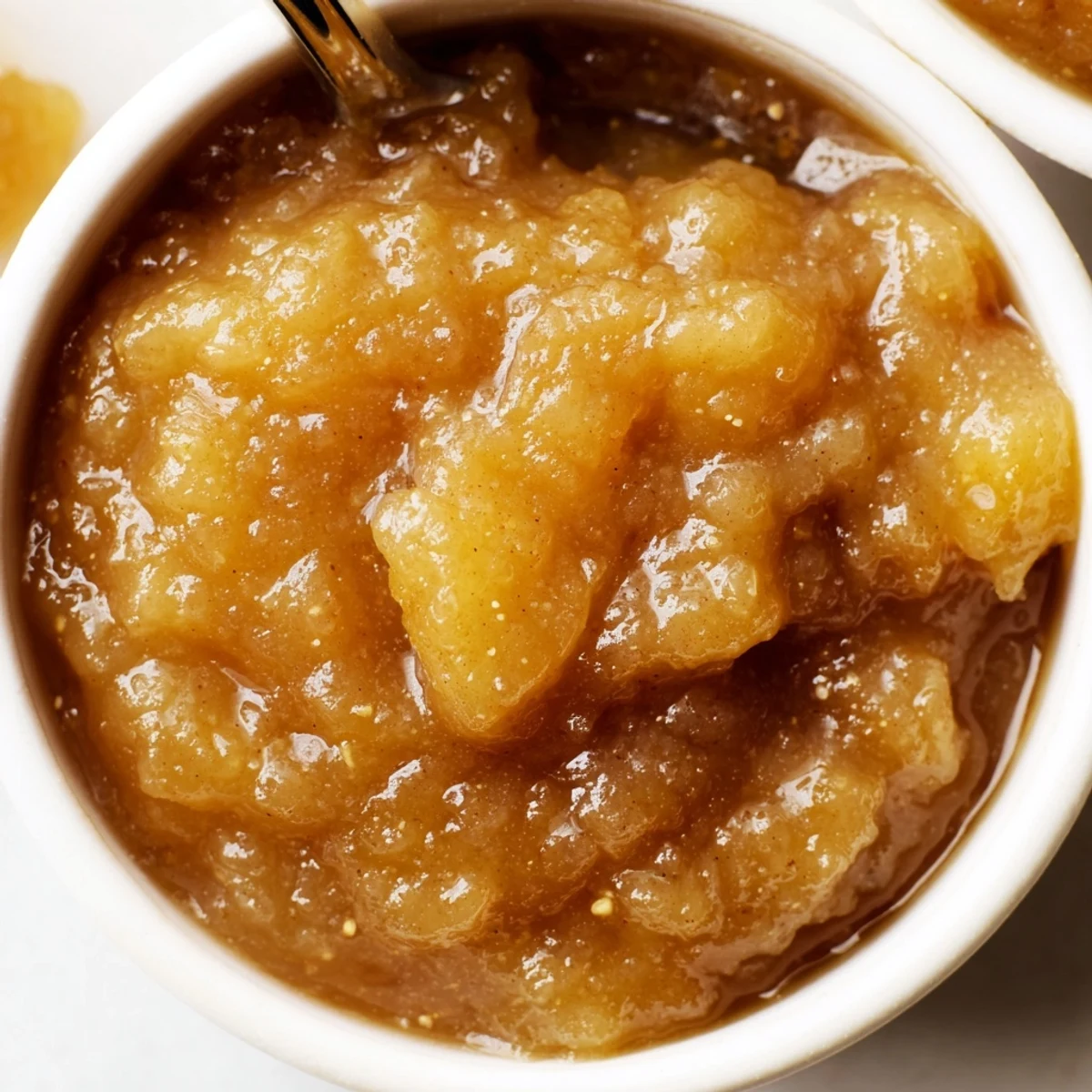 Fall Caramel Apple Jam glistening in jar, chunky apples and warm spice