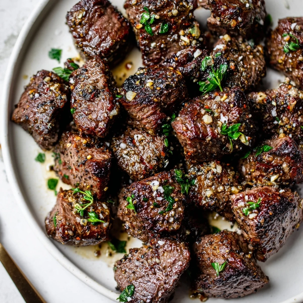 Sizzling golden Garlic Butter Steak Bites in a cast iron pan, buttery aroma  