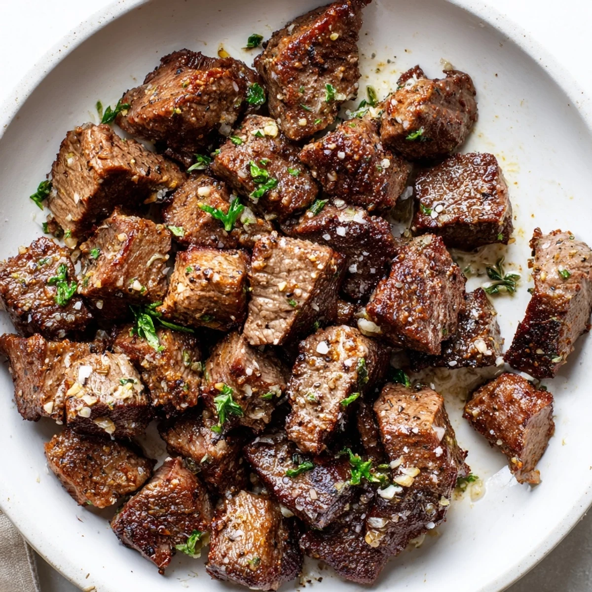 Juicy Garlic Butter Steak Bites tossed in rich butter sauce, sprinkled with parsley  