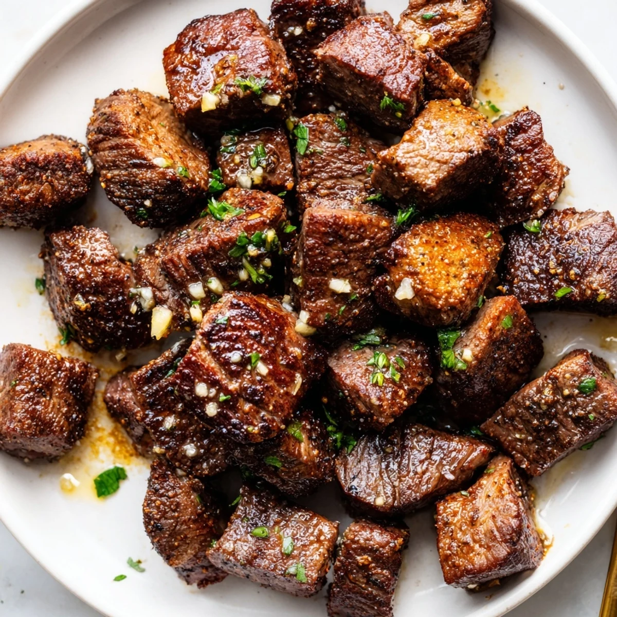 Garlic Butter Steak Bites served over mashed potatoes, glossy sear and garlicky scent