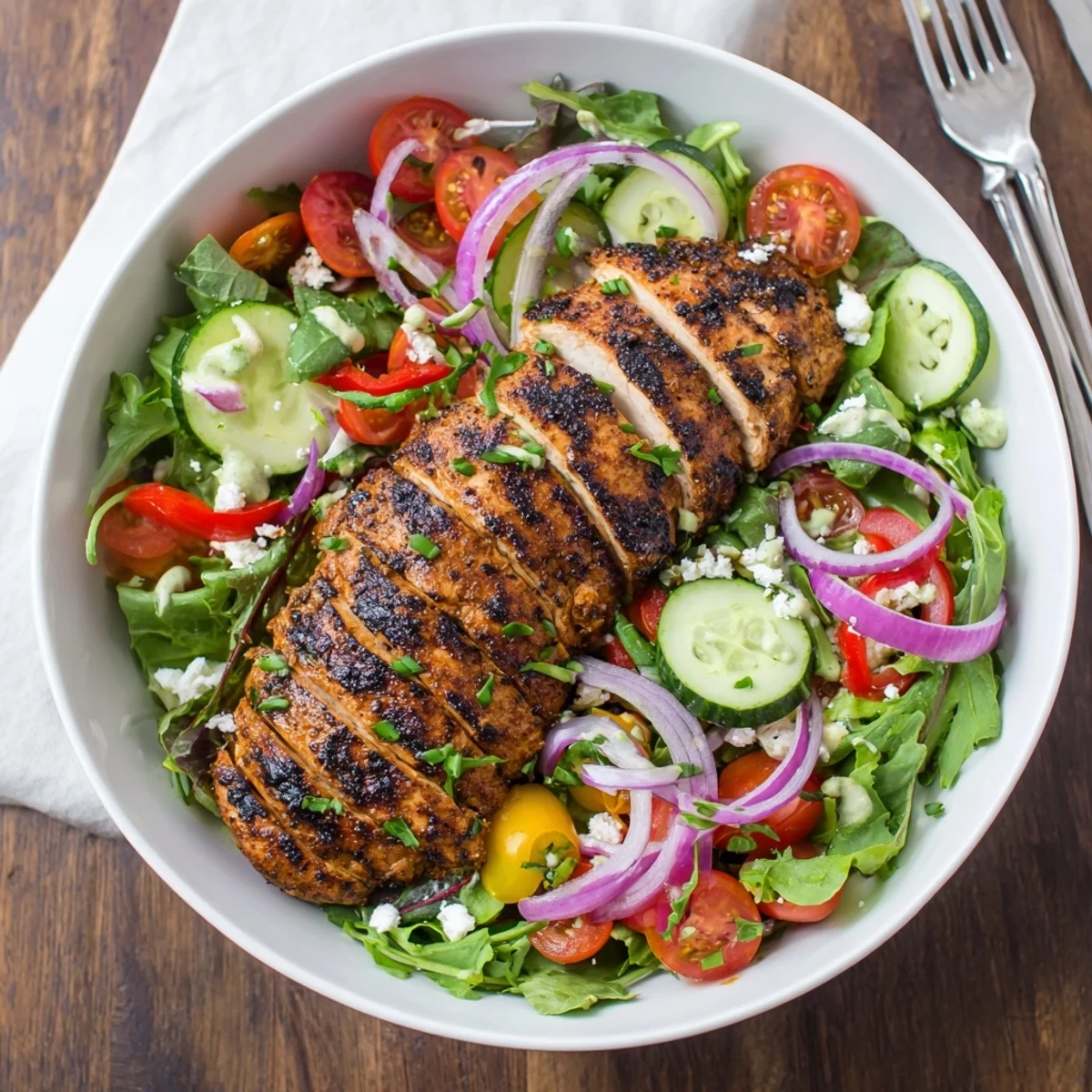 Bright mixed greens and tomatoes topped by Grilled Chicken Salad Avocado Herb Dressing Recipe