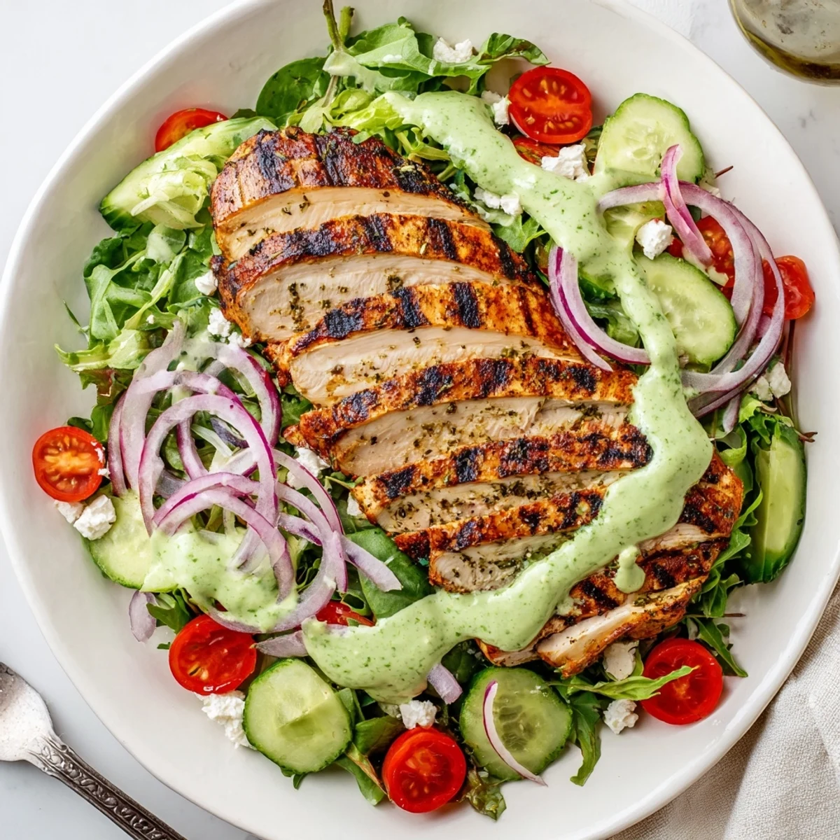 Grilled Chicken Salad Avocado Herb Dressing Recipe with smoky slices and crisp greens