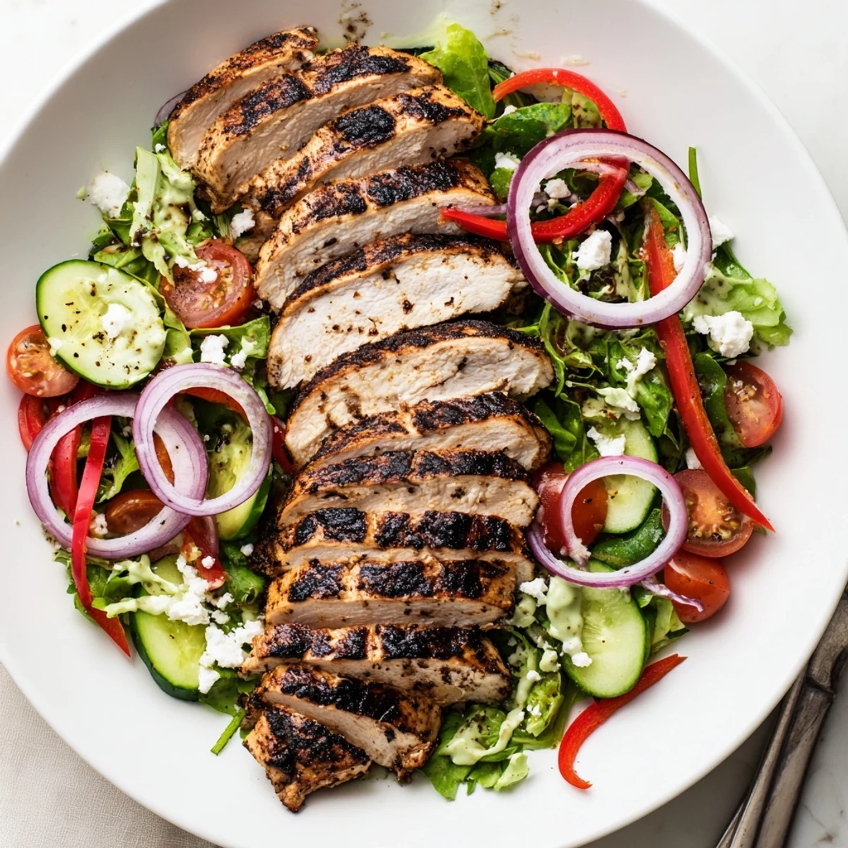 Sliced warm chicken breast over greens with Grilled Chicken Salad Avocado Herb Dressing Recipe