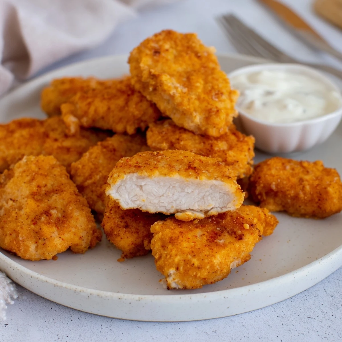 Golden, crispy Chicken Bites piled on a plate with ranch dip