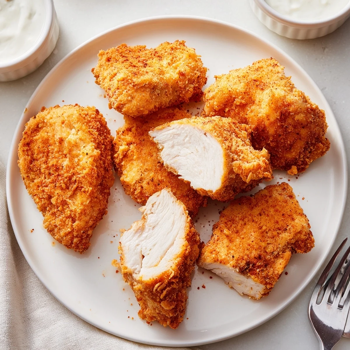 Buttermilk tender Chicken Bites, juicy and golden, served with honey mustard