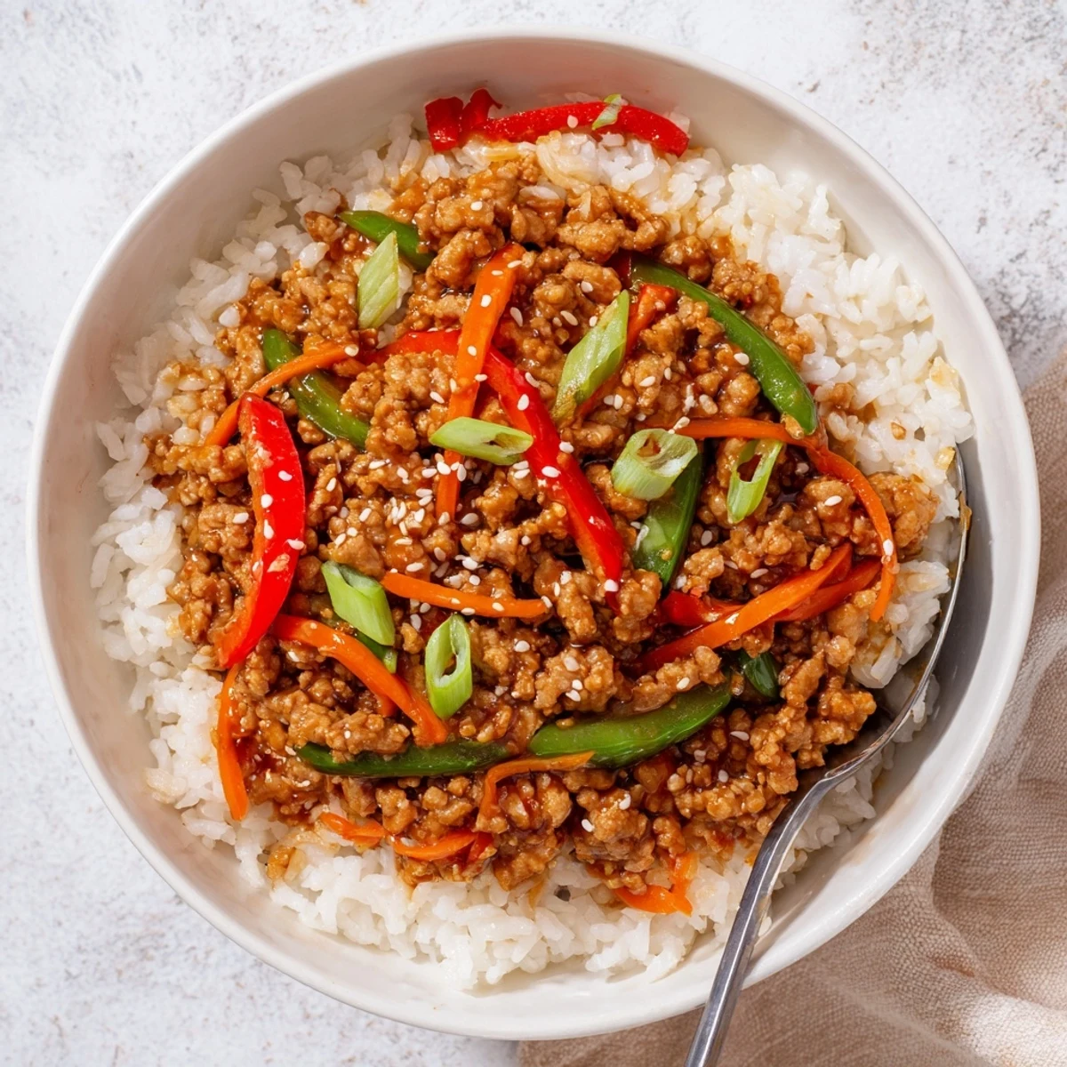 Teriyaki Turkey Rice Bowls with glossy sauce, fluffy rice, crisp colorful vegetables