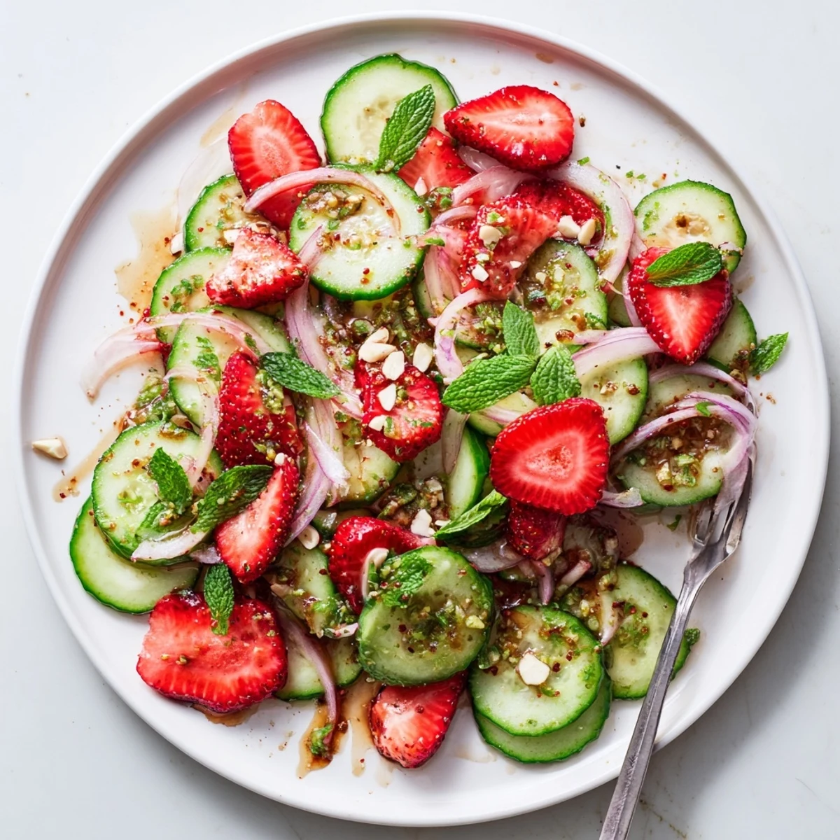 Crisp cucumber ribbons and sweet berries in Cucumber Strawberry Salad Recipe