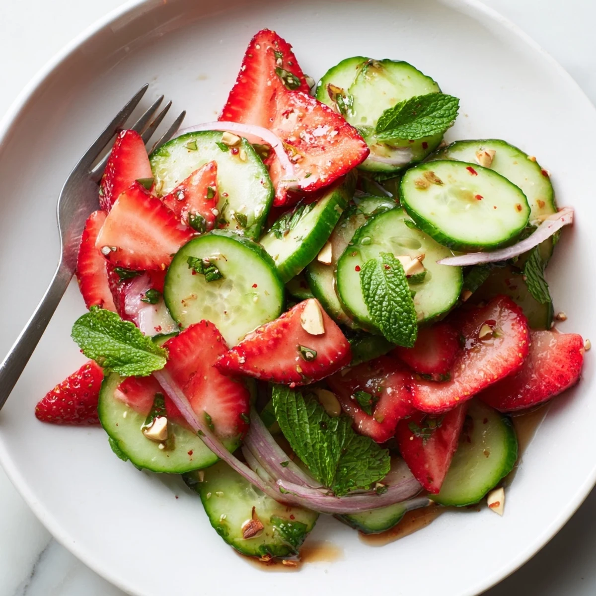 Bright summer flavors: Cucumber Strawberry Salad Recipe tossed with mint and balsamic