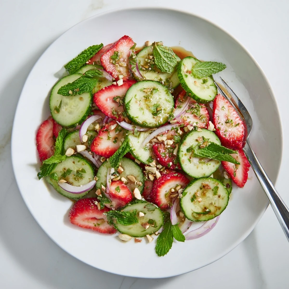 Serve chilled Cucumber Strawberry Salad Recipe with crumbled feta and toasted almonds