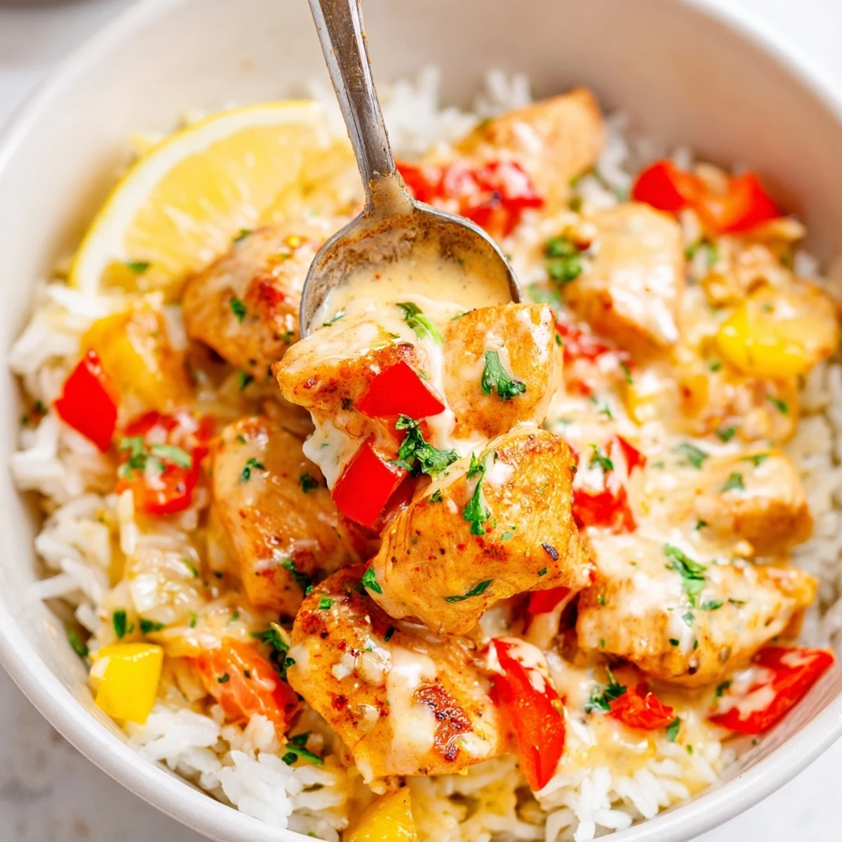 Creamy Cajun Chicken Rice Bowls with tender chicken, colorful peppers, and parsley