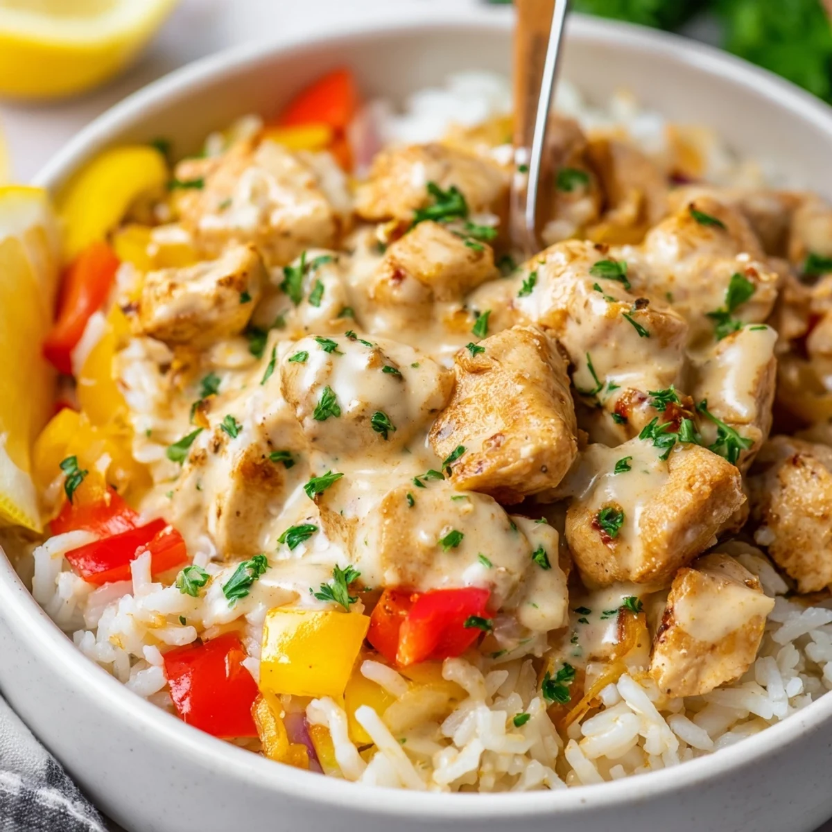 Steaming Creamy Cajun Chicken Rice Bowls topped with parmesan, lemon wedge, and herbs