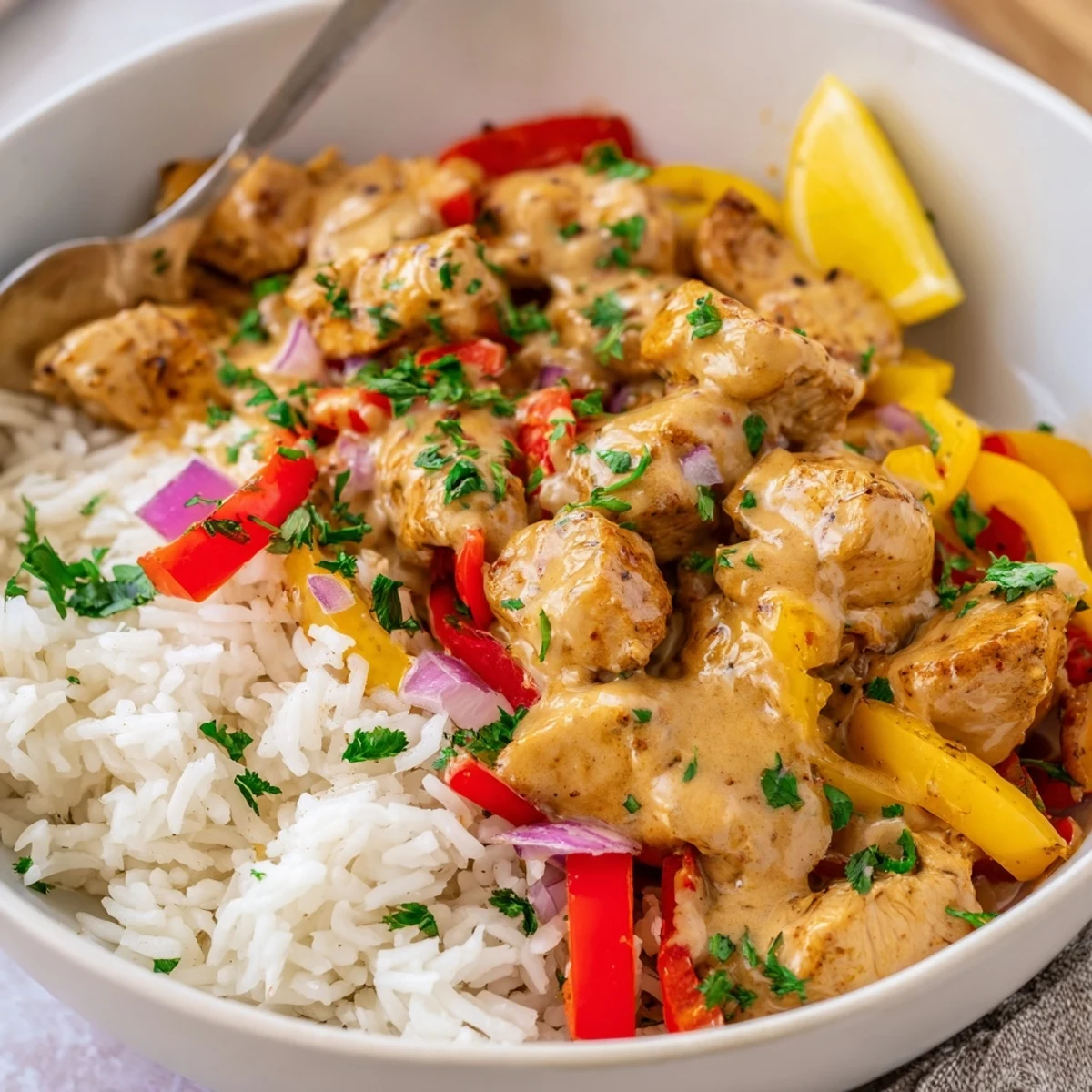 Weeknight Creamy Cajun Chicken Rice Bowls showing creamy sauce coating fluffy rice