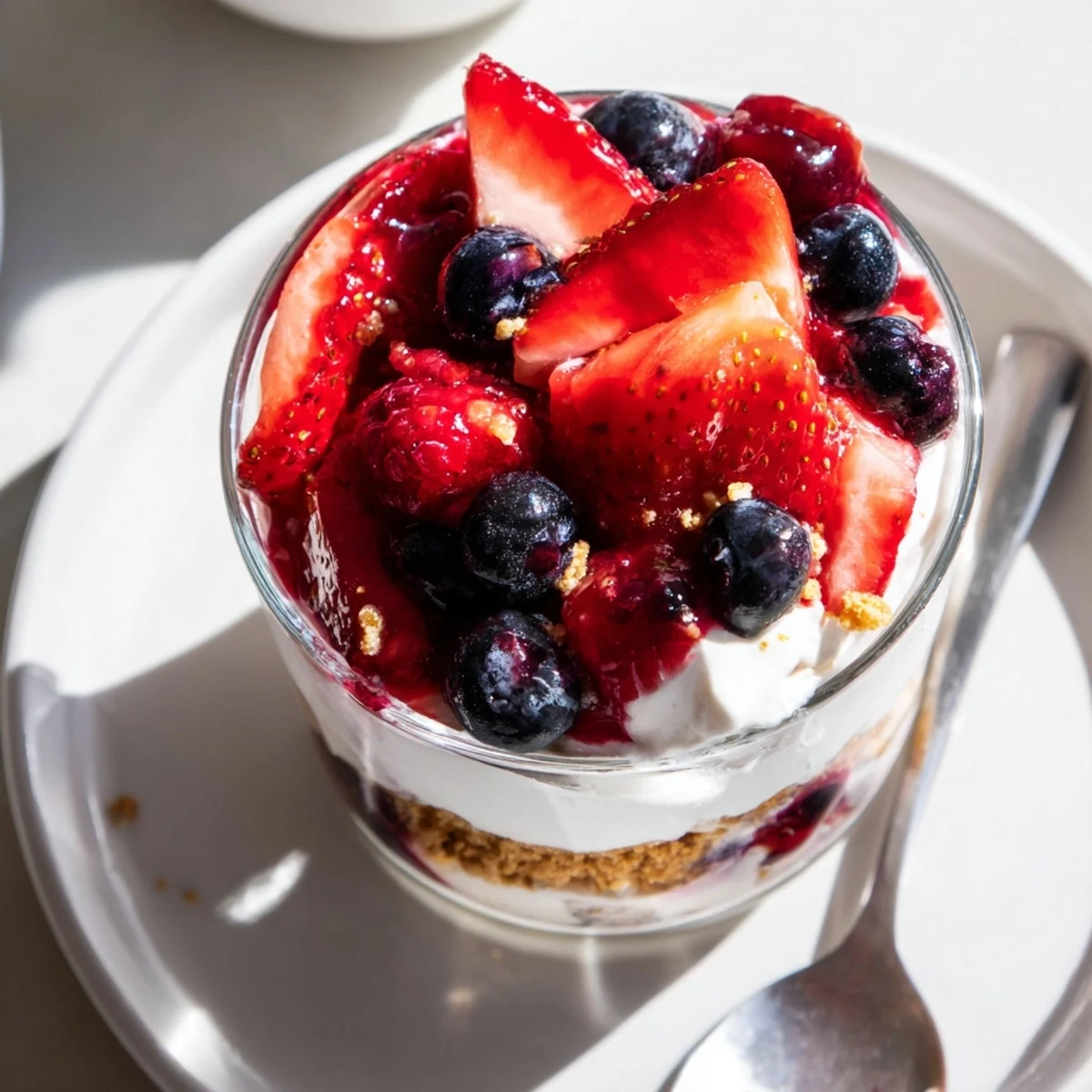 Berry No Bake Cheesecakes in glasses layered with glossy compote and crunchy base