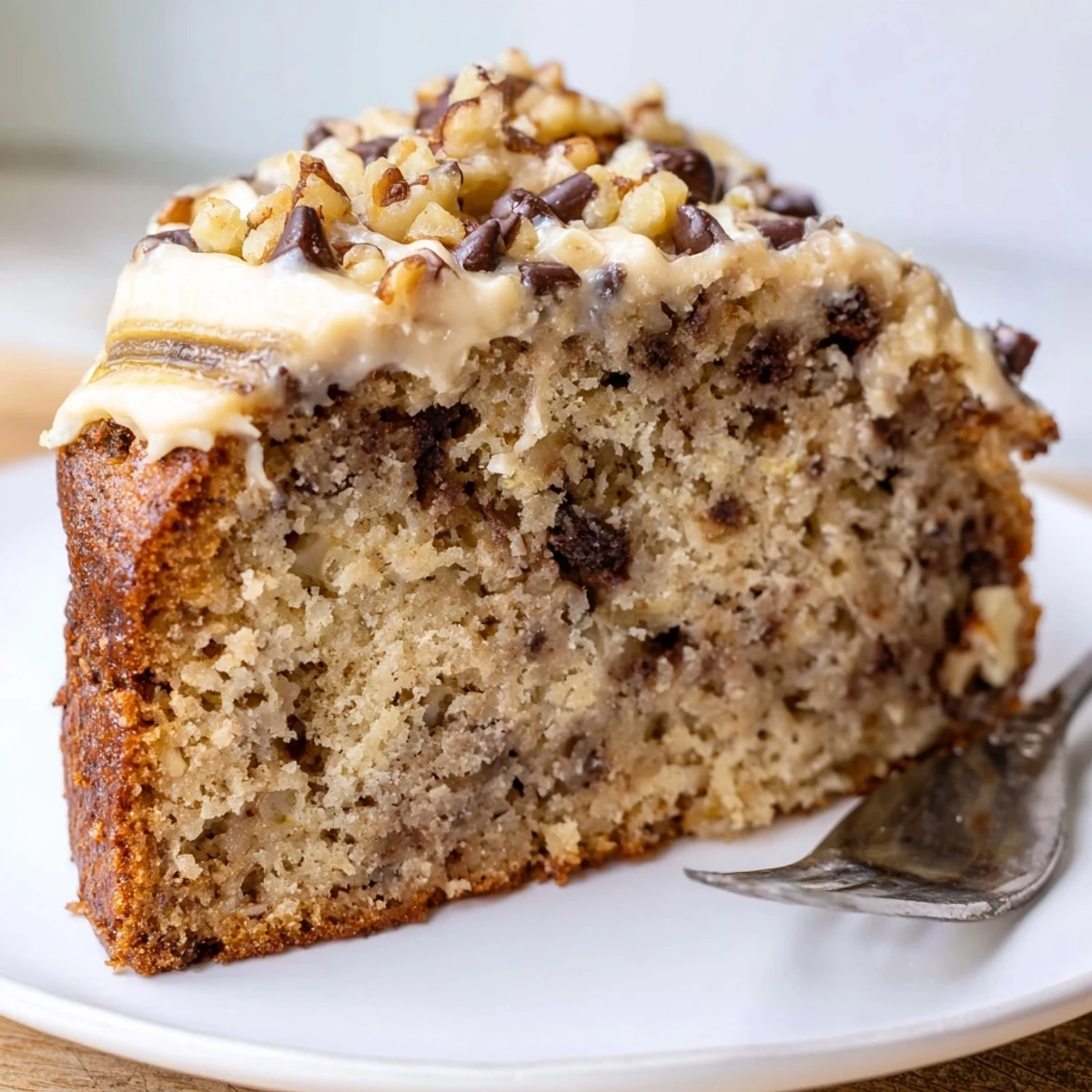 Moist Banana Bread Cake Recipe plated warm with vanilla ice cream and pecans.