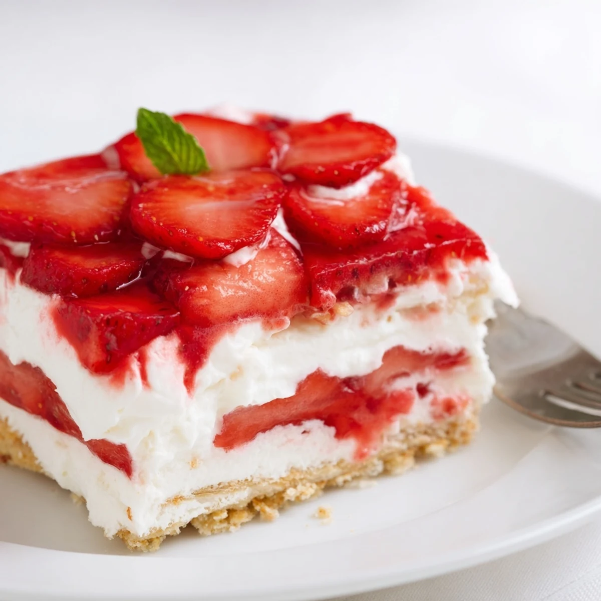 No Bake Strawberry Shortcake Dessert with creamy layers, juicy berries, chilled and ready