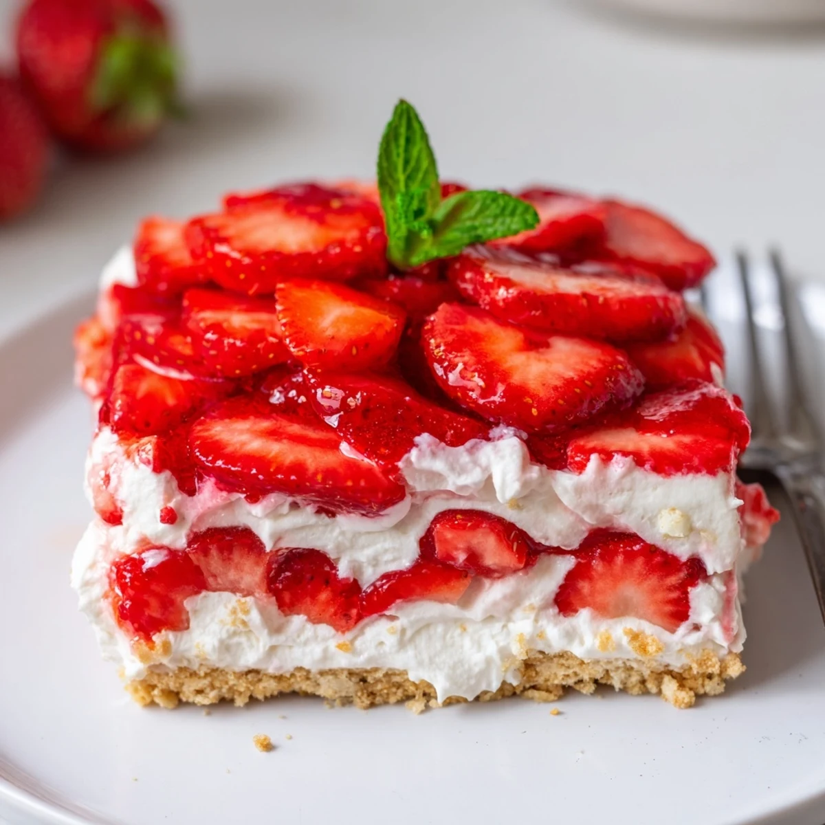 Slice of No Bake Strawberry Shortcake Dessert topped with mint, buttery cookie crunch