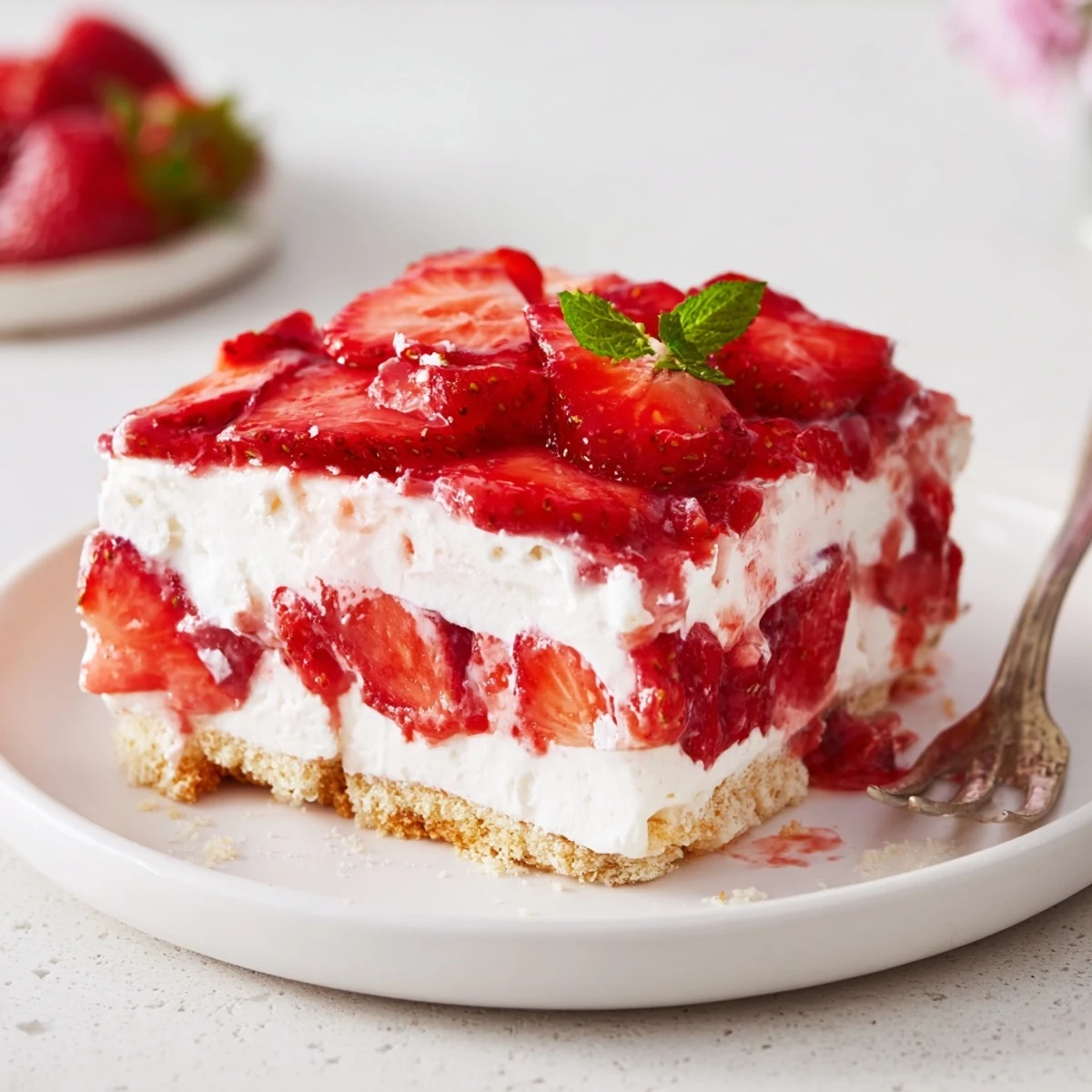 Layered No Bake Strawberry Shortcake Dessert in a dish, velvety cream, vibrant strawberries