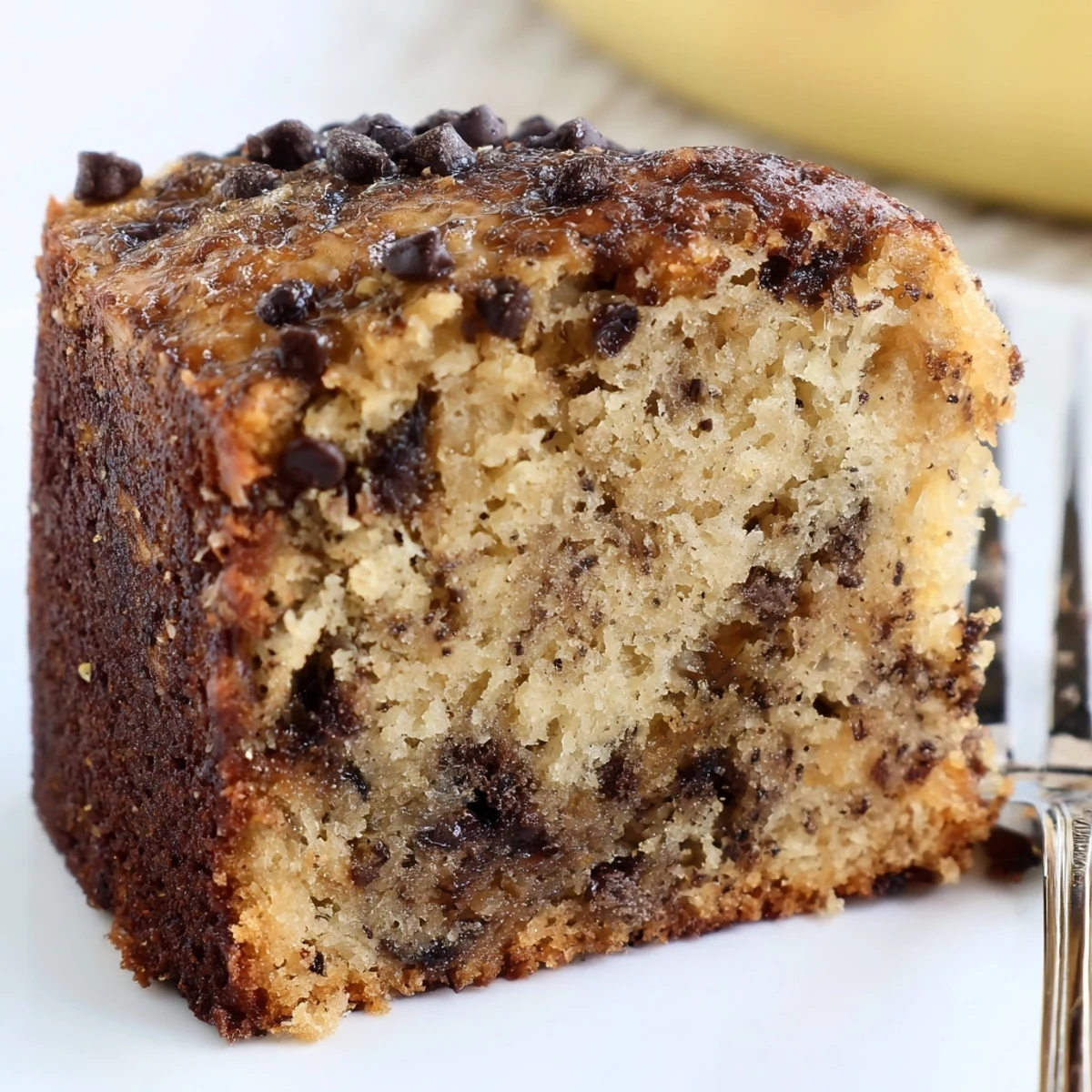 Warm Banana Chocolate Chip Cake Recipe cooling on wire rack, melting chips.