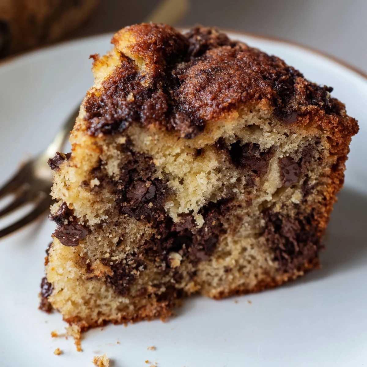 Slice of Banana Chocolate Chip Cake Recipe served with vanilla ice cream.