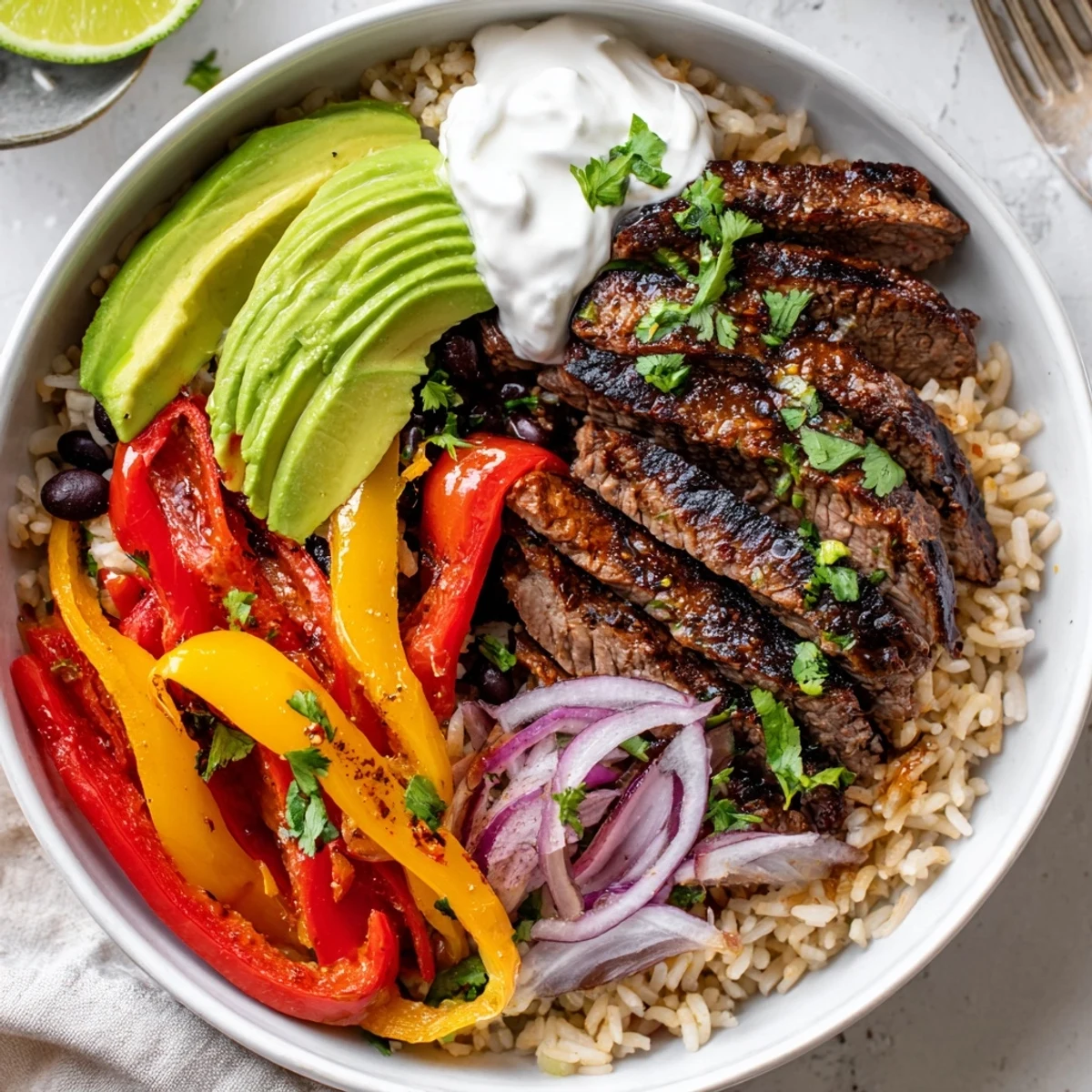 Steak Fajita Power Bowls layered over warm brown rice, zesty lime wedges.