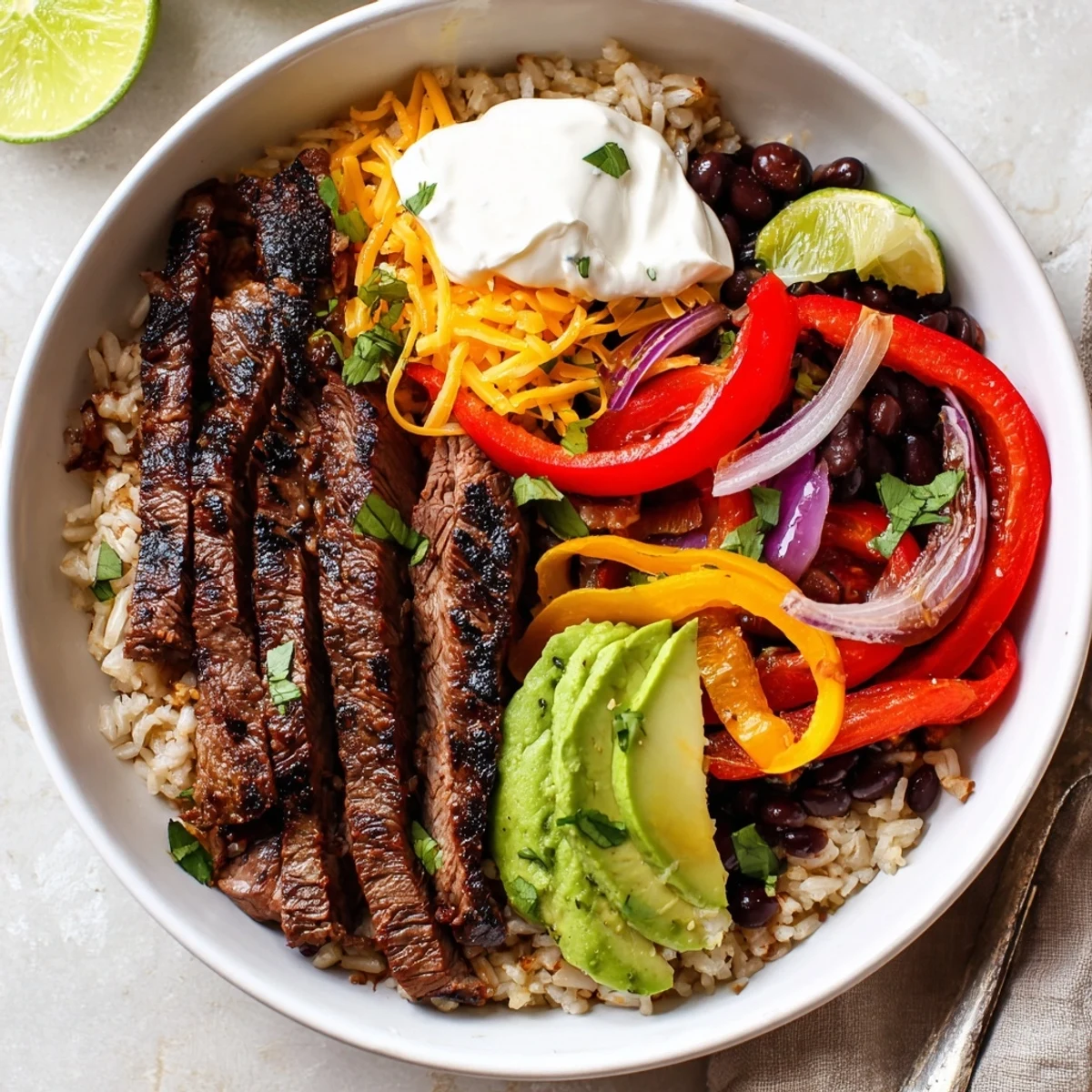 Steak Fajita Power Bowls with sizzling marinated steak, vibrant peppers, creamy avocado.