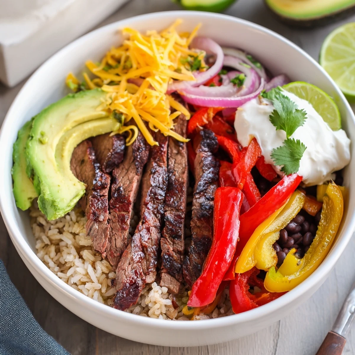 Steak Fajita Power Bowls topped with smoky seared steak, melting cheddar, cilantro.