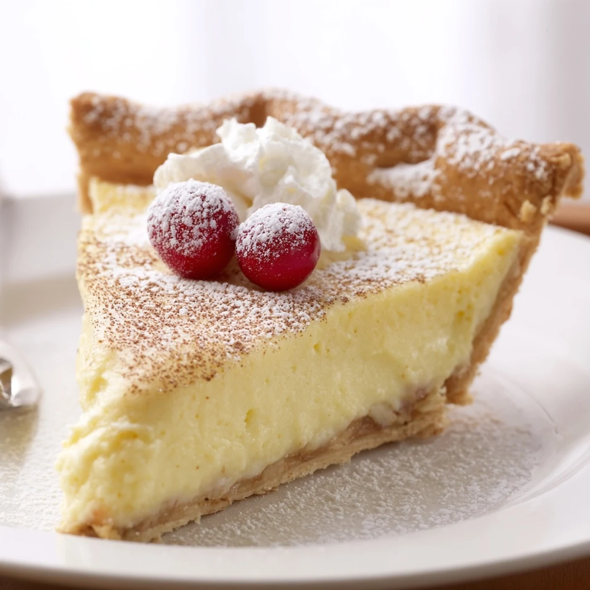 Sliced Christmas Eve Custard Pie With Cinnamon Vanilla dusted with powdered sugar