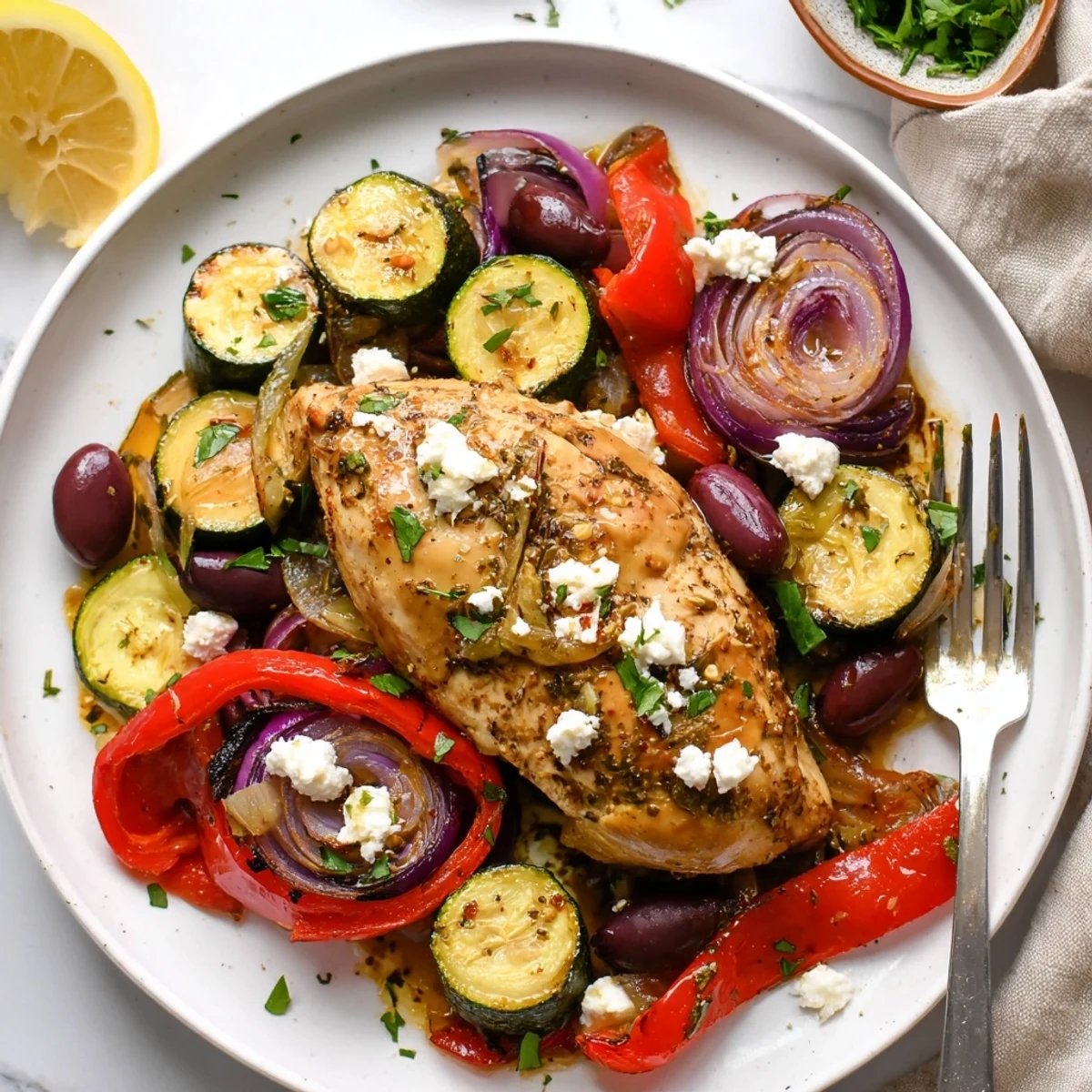 Sheet Pan Mediterranean Chicken Zucchini sizzling with golden vegetables, lemony aroma