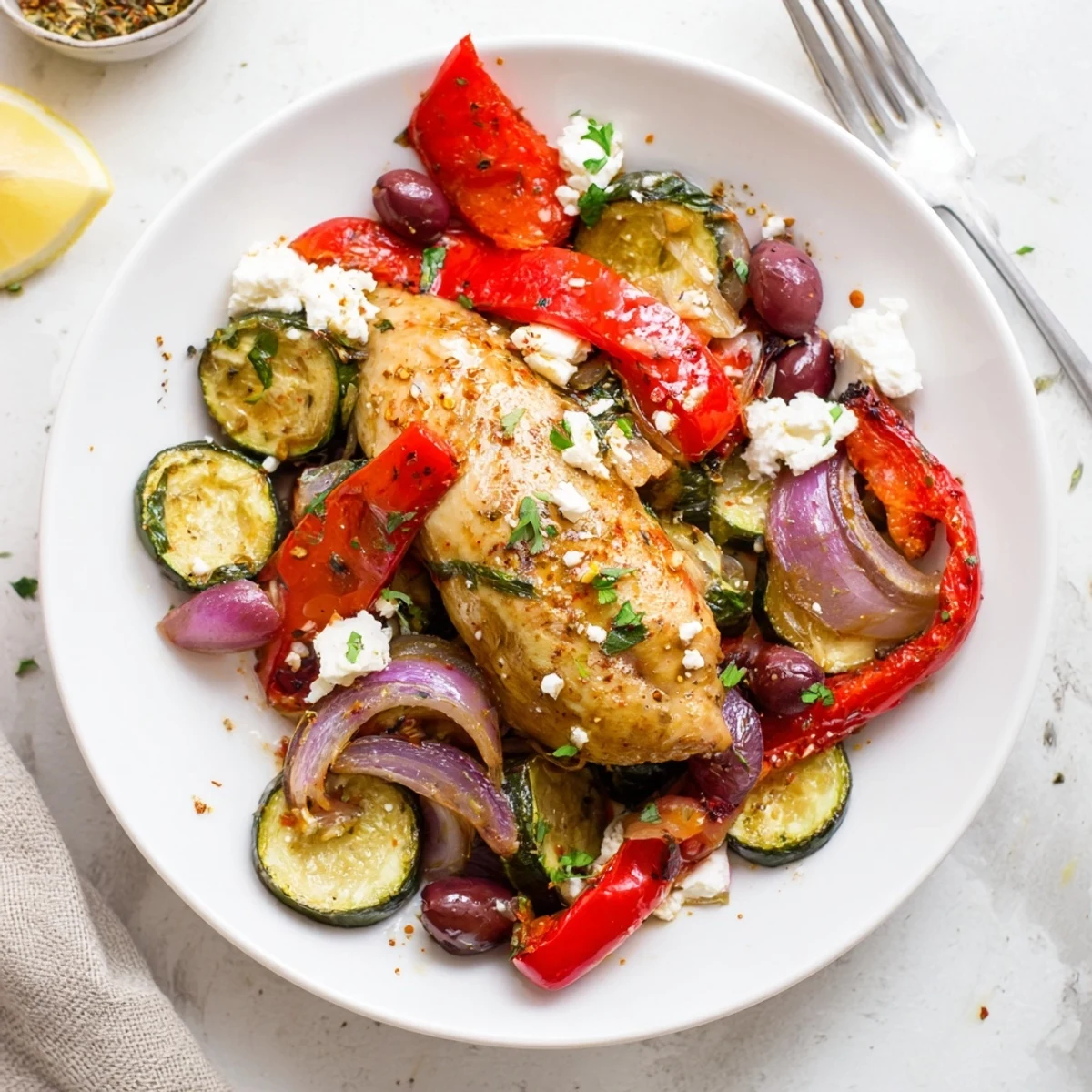 Roasted Sheet Pan Mediterranean Chicken Zucchini topped with crumbled feta and parsley