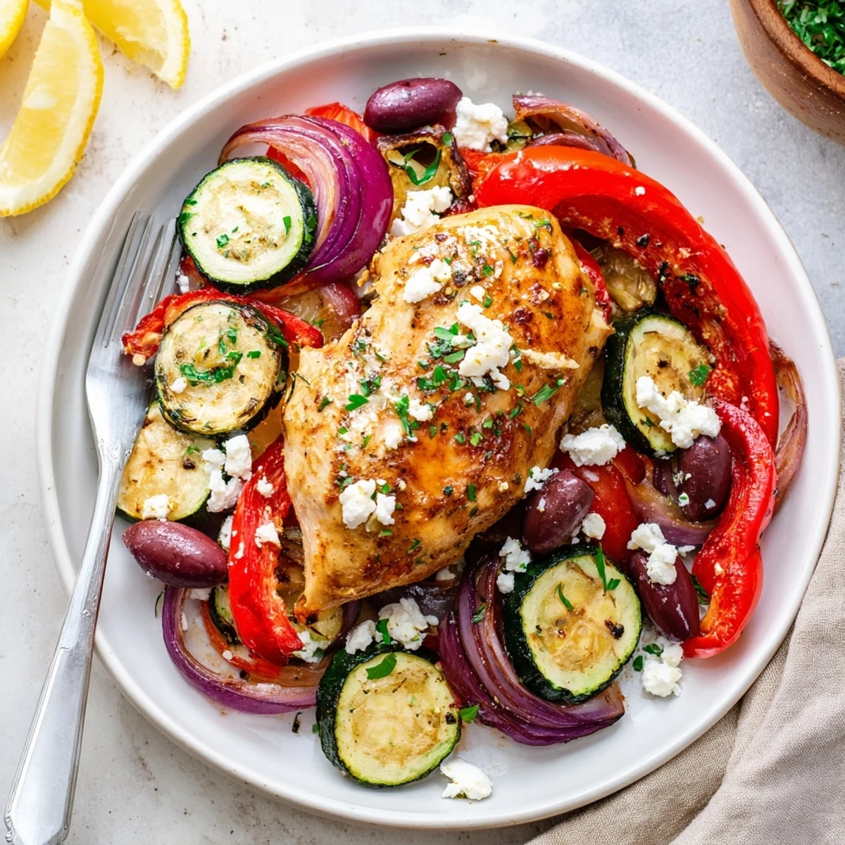 Sheet Pan Mediterranean Chicken Zucchini served straight from oven, juices spooned over