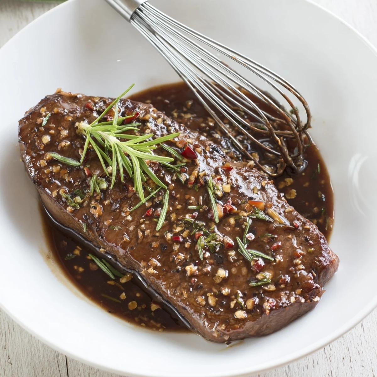 Steak Marinade in a glass bowl glistening with oil and minced garlic