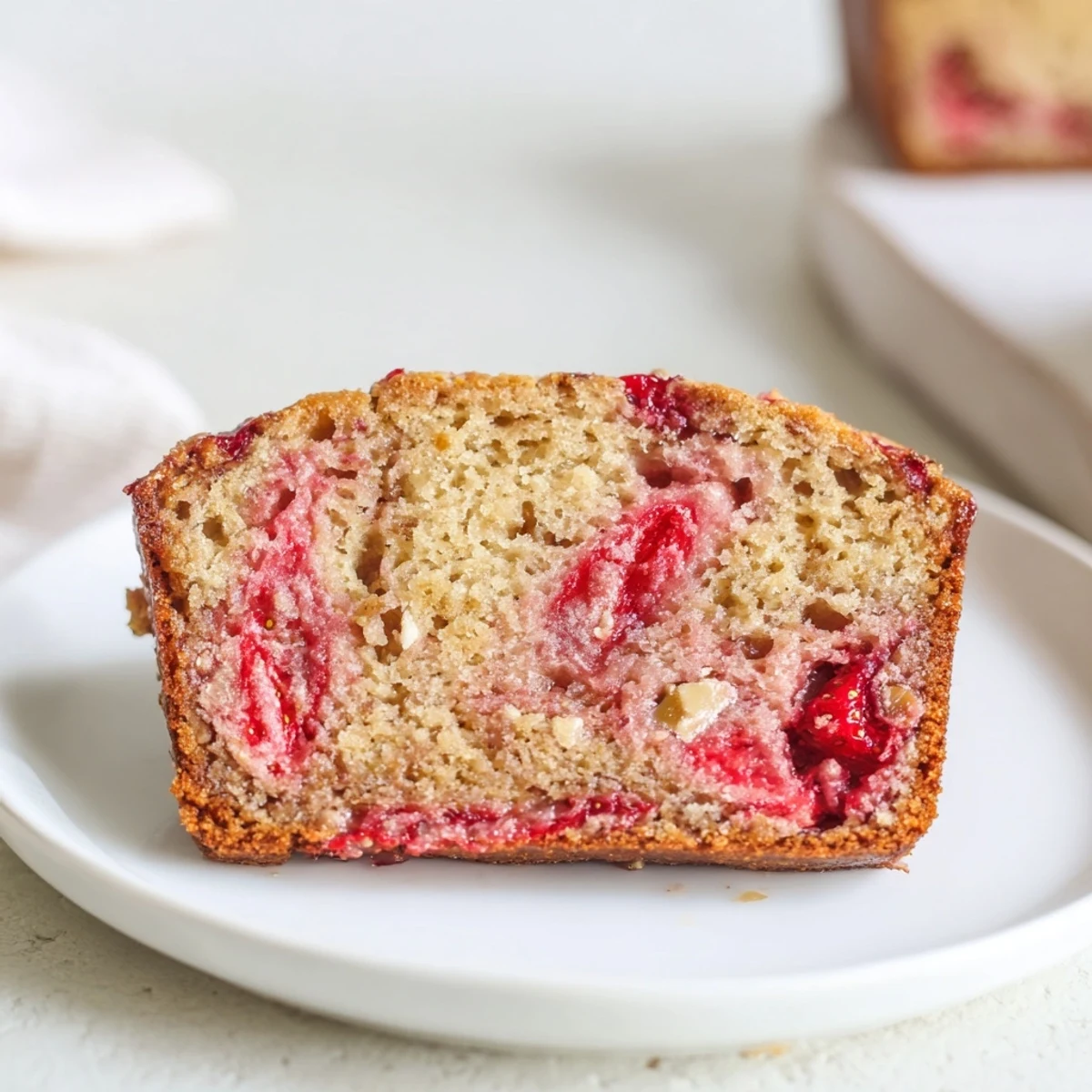 Warm sliced Strawberry Banana Bread Recipe cooling on wire rack, juicy strawberries.