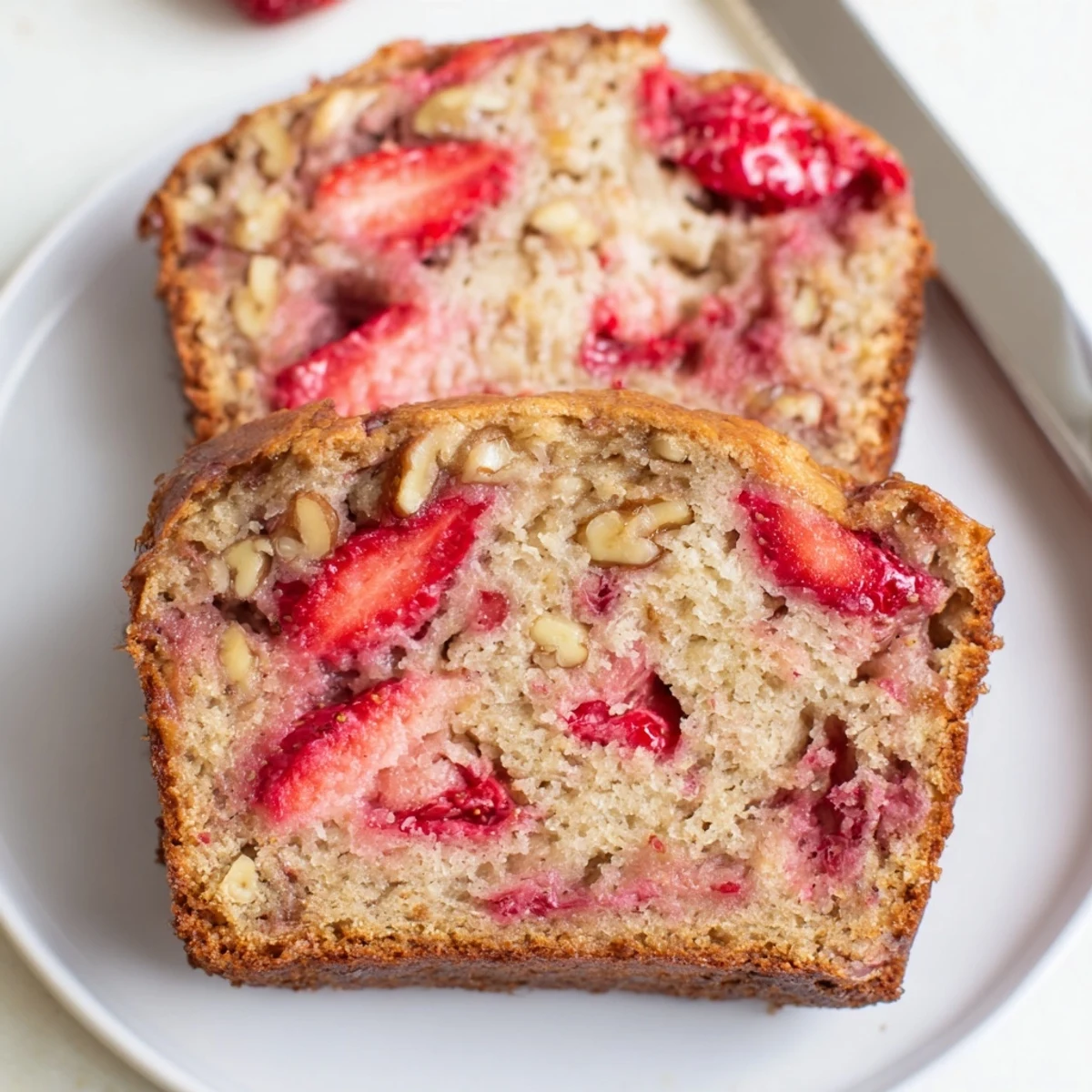 Golden-crusted Strawberry Banana Bread Recipe with melted butter, soft banana aroma.