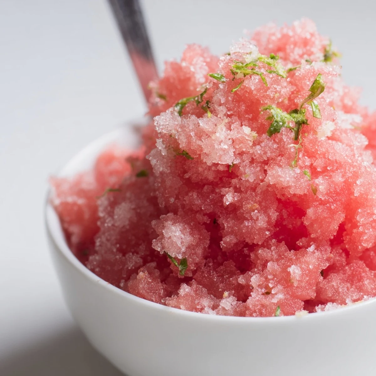 Watermelon granita in chilled bowls, icy pink crystals and bright lime aroma