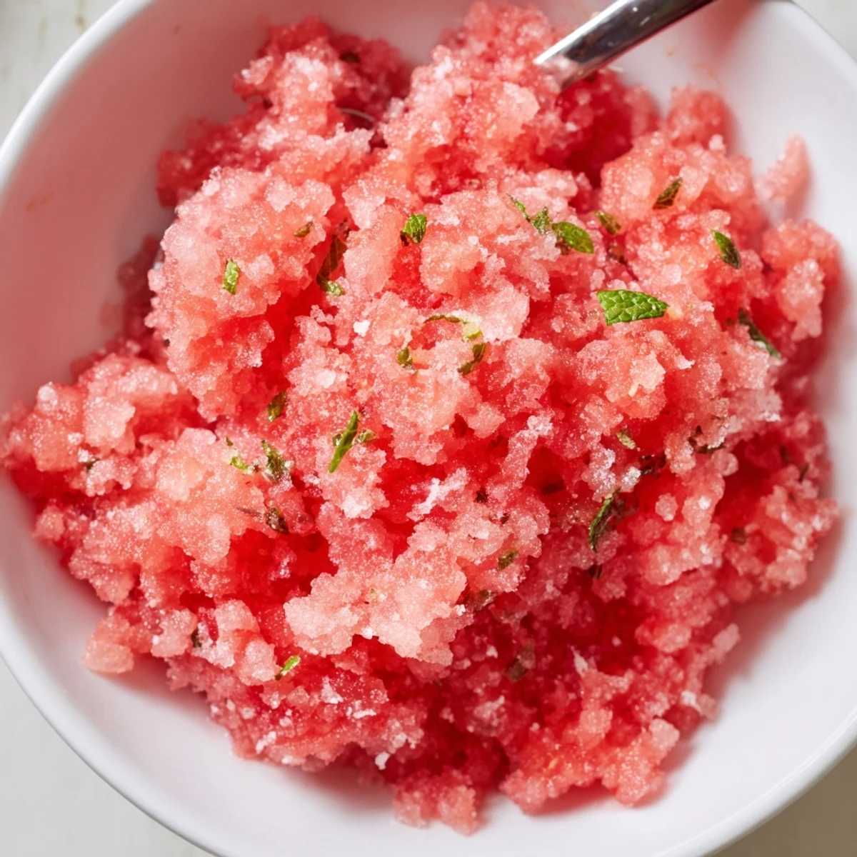 Bright watermelon granita in a shallow dish, spoon-ready icy, refreshing dessert