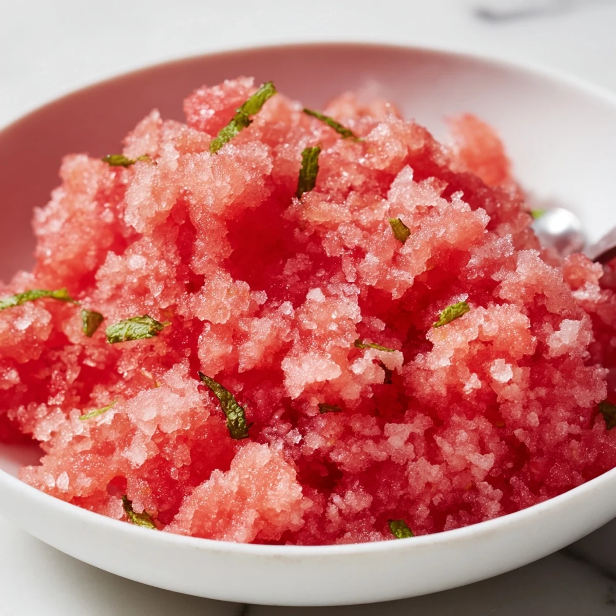 Homemade watermelon granita scraped fluffy, garnished with mint for summer parties